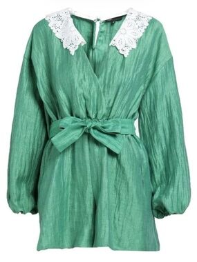 Maje Green Long-Sleeve V-Neck Romper with removable White Lace Collar